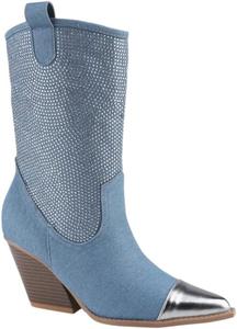 Женские ботильоны с камнями на среднем каблуке, заостренный носок, массивный блок-каблук, западный стиль UNILADY, Light Denim