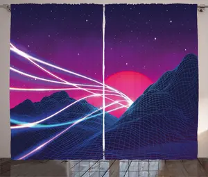 Шторы ABAKUHAUS Synthwave Rustic Curtain, Космическое солнце и горы, универсальные ленточные шторы для гостиной с петлями и крючками, 280 x 225 см, фиолетовый, темно-синий, ярко-розовый Abakuhaus