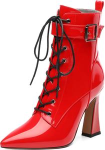 Женские ботильоны на шнуровке с острым носком и высоким каблуком, с боковой молнией, модные однотонные короткие ботинки для женщин RLYGHWAO, Red Patent
