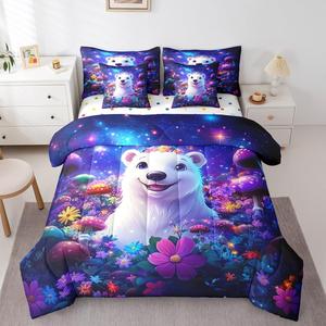 Erosebridal Комплект постельного белья Polar Bear Full Galaxy с мультяшным рисунком медведей и звездным небом в стиле бохо, White Purple