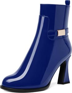 Ботинки NUMALEO Womens Sexy Patent Zip Metal Ankle Strap Night Club Round Toe Block High Heel Ankle High Boots 3.3 Inch, Royal Blue