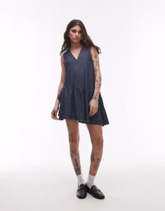 Мини-платье из денима Topshop с баской по подолу и бантом в необработанном виде цвета индиго