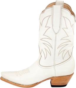 Женские кожаные ковбойские сапоги в западном стиле с изысканной вышивкой, заостренным носком и невысоким каблуком WINDBXYB, Ivory