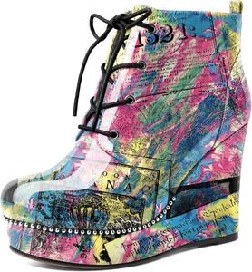 Женские ботильоны Eldof Wedge с круглым носком, шнуровкой и бисером, высокие на каблуке 4 дюйма, из лакированной кожи, Newspaper Pink