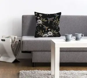 Декоративная подушка Queence "Johanna", с цветочными ветками и птицами, чехол без наполнителя, 1 шт 40х40 см, черный