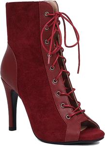 Женские танцевальные ботильоны Minishion на каблуке с открытым носком, шнуровкой, сексуальные праздничные ботинки до щиколотки Z012, Z012 Burgundy