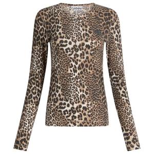 Мягкая хлопковая ребристая блузка с длинными рукавами Ganni, леопард