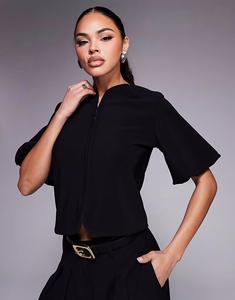 Топ ASOS DESIGN с ребристыми рукавами-фонариками, застежкой на крючки и петли черного цвета