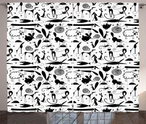 Штора ABAKUHAUS "Животные в деревенском стиле" (Овца, Кролик, Улитка, Крокодил), универсальная ленточная штора для гостиной с петлями и крючками, 280 x 225 см, цвет "Белый, серый" Abakuhaus