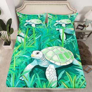 Erosebridal Фиттед простыня с морскими черепахами, детский комплект постельного белья в стиле кавай с морскими животными и зелеными листьями, Green