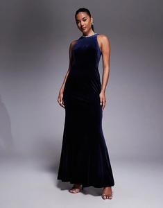 Платье макси из бархата с высоким воротом и отделкой Jarlo темно-синего цвета