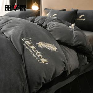 Yalu Комплект постельного белья из 4 предметов (простыня на резинке 150 см, пододеяльник 200х230 см), вельвет, утепленный, с флисовой подкладкой, антистатик, цвет Yumeng - Premium Gray