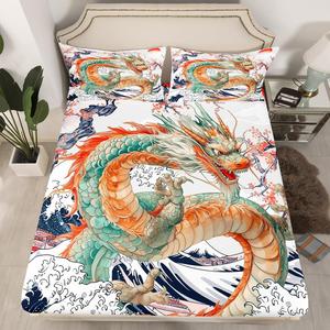 Erosebridal Комплект постельного белья Magic Dragon с морскими волнами и розовой сакурой, Grey Navy Green Orange
