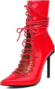 Женские ботильоны Aflngle на высоком каблуке-стилетто с шнуровкой, сексуальные с заостренным закрытым носком, боковой молнией, короткие ботинки, модные с вырезами, сандалии в римском стиле, Red