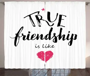 Штора ABAKUHAUS в деревенском стиле с цитатой Истинная дружба и сердце, присборенная штора из тесьмы для спальни с петлями и крючками, 280 x 225 см, белый, черный и розовый Abakuhaus