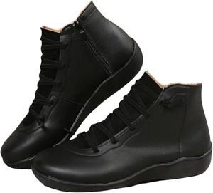 Женские ботильоны на низком каблуке, удобные, с застежкой без шнуровки, с круглым носком, шнуровкой и боковой молнией, ретро, из искусственной кожи, винтажные, для осени и зимы, на плоской подошве, повседневные и нарядные модные туфли Generic, Black