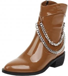 Женские ковбойские ботинки Meefit из лакированной кожи с остроконечным носком и низким каблуком, Brown