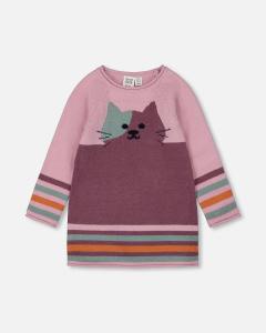 Вязаное платье пыльно-розового цвета с кошкой Deux par Deux