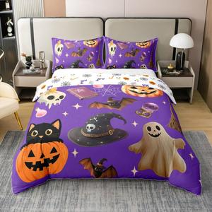 Erosebridal Комплект постельного белья из 100% хлопка с принтом тыквенных фонарей, ведьминых шляп и летучих мышей в стиле Хэллоуин, Purple Orange