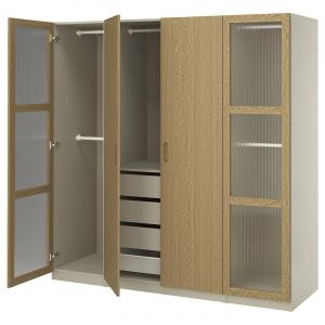 Гардероб PAX/TONSTAD IKEA, 200x60x201 см, цвет grey-beige/oak veneer glass