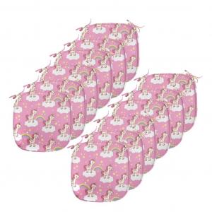 ABAKUHAUS Детская подушка для стульев для столовой, Единороги на облаках, декоративная водонепроницаемая подушка с ремнями для кухонных сидений, 40 см x 40 см — упаковка из 12 шт., Белый Желтый Розовый