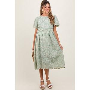 Платье миди для беременных, оливкового цвета, с цветочной вышивкой и завязками на талии. Pinkblush