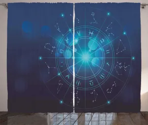 Штора ABAKUHAUS Астрология в деревенском стиле, знаки зодиака в космосе, универсальная, для гостиной, ленточное полотно с петлями и крючками, 280 x 245 см, бирюзовый, белый, синий Abakuhaus