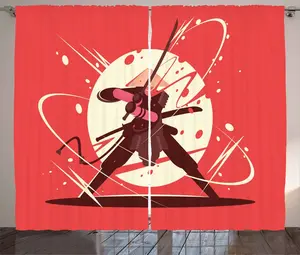 Штора ABAKUHAUS Самурай в деревенском стиле, традиционный рисунок, универсальная ленточная штора для гостиной с петлями и крючками, 280 x 225 см, цвет: темно-кораллово-коричневый, кремовый Abakuhaus