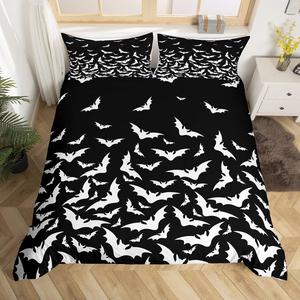 Erosebridal Комплект постельного белья Happy Halloween с готическими летучими мышами и бело-черным спокойным силуэтом в мультяшном стиле, Black White