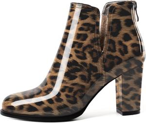 Женские ботильоны Joseywade, высокие ботильоны на толстом каблуке, с круглым носком, короткие ботинки на высоком каблуке с задней молнией и мехом, каблук 3,5 дюйма, Patent Leopard