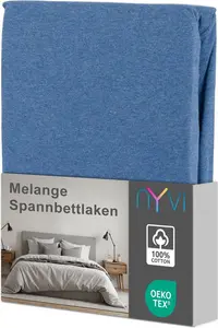 Простыня на резинке DreamScience Melange 180x200 - 200x200 см, джинсово-синяя, для матрасов высотой до 22 см - 100% хлопок, винтажный лен, не требует глажки, не садится NYVI