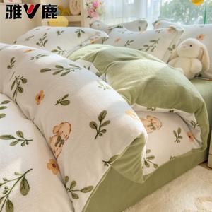 Yalu Комплект постельного белья из 4 предметов (простыня 200 см, пододеяльник 220х240 см), вельвет, флисовая подкладка, цвет Conglin Xiaotu