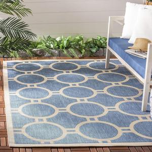 Ковер SAFAVIEH, 239 x 239 см, для улицы из коллекции Courtyard — квадратный, Blue & Beige, без ворса и легко чистится, идеален для патио, заднего двора, прихожей (CY6924-243)