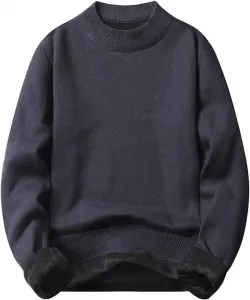 Мужской вязаный свитер с полувысоким воротником, однотонный, с флисовой подкладкой