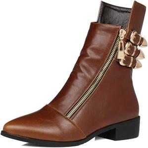 Женские ботильоны MIOKE в западном стиле с острым носком, застежкой-молнией и пряжкой, низкий каблук, короткие байкерские ботинки, Brown-Velvet Lined