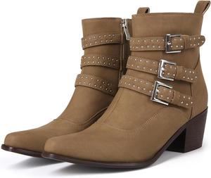 Женские ботильоны в западном стиле с двойной пряжкой и заклепками, средний каблук, верх из замши, квадратный носок, модные ковбойские ботинки для женщин, для загородных концертов Orzomminun, Brown