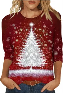 Женская футболка с рождественской елкой, 3/4 рукава, свободный крой