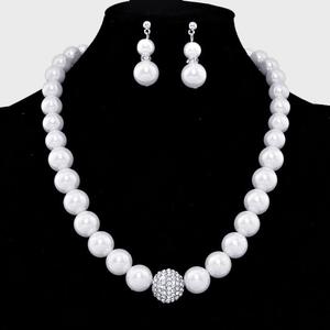 Жемчужное ожерелье с хрустальным шаром Fashnzfab, White, Rhodium, Clear