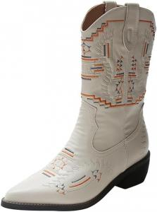 Женские ковбойские сапоги с острым носком, с устойчивым каблуком, классические, с выразительной декоративной строчкой, ковбойские сапоги ZJWBB, White