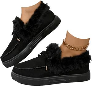 Generic Женские зимние сапоги Снежные сапоги Мокасины с мехом Зимние лоферы с меховой подкладкой Лоферы с мехом Ботинки на зиму на низком каблуке Платформенные теплые плюшевые туфли Наружные флисовые туфли Тапочки
