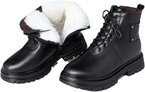 Женские ботильоны Niiyyjj на шнуровке с молнией, из натуральной кожи, больших размеров, байкерские, теплые зимние ботинки с нескользящей подошвой, Black Wool