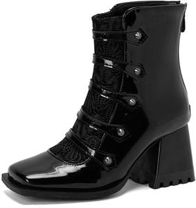 Женские ботильоны с контрастными вставками, массивным высоким каблуком, квадратным носком, сексуальной кружевной отделкой и молнией сзади, модные сапоги до середины голени WOkismD, 43 Black