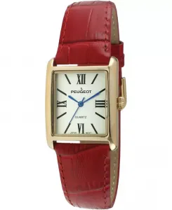 Женские часы Tank с римским циферблатом и красным кожаным ремешком Peugeot
