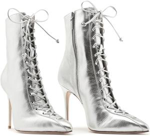 Женские ботильоны на высоком каблуке с шнуровкой, модные ботинки большого размера на шпильке, с заостренным носком, короткие ботильоны, элегантные осенние праздничные туфли для свадьбы и официальных мероприятий Generic, Silver
