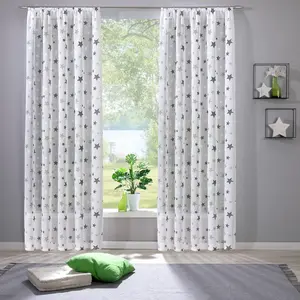 Штора Heimtexland с имитацией льна, натуральная, серые звезды, декор для детской комнаты, напечатанная, полупрозрачная, тип 897, присборенная лента, тесьма-шарф, 245 x 135 см (В x Ш) - 1 шт. heimtexland