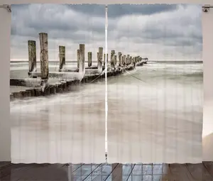 Шторы ABAKUHAUS Rustic Landscape, Stage Zingst, Германия, универсальные ленточные шторы для гостиной с петлями и крючками, 280 x 175 см, цвет: белый, бежевый, нежно-голубой Abakuhaus