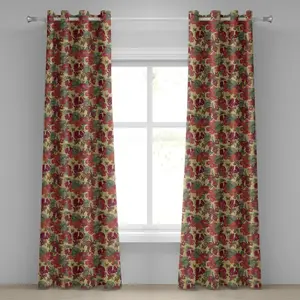 Красная штора на люверсах ABAKUHAUS с изображением натуральных тропических и экзотических птиц, бабочек, цветов и граната, декоративная двухпанельная штора, 280 см x 225 см, красно-бежевая Abakuhaus