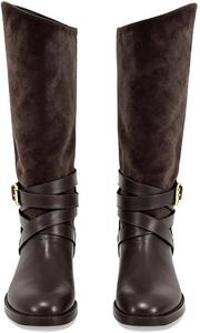 Женские ездовые сапоги с плоской подошвой, широким голенищем, низким каблуком, до колена, с заостренным носком и пряжкой Pinokino, Brown-Suede