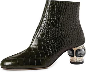 Женские ботильоны FSJ с круглым носком, камнями, невысоким каблуком, модные, с боковой молнией, повседневные, для выпускного, туристические, размеры 37-44, Dunkelgrünes Krokodilmuster