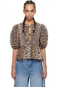 Коричневая хлопковая поплиновая блузка с завязками-баской GANNI